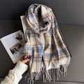 Classic plaid winter scarf with blue and beige grid pattern and tassels for warmth - 200cmX68cm (Including Tassels) / Blue Beige (WT272-5)
