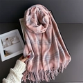 Classic pink and grey plaid pashmina scarf with soft fringes for winter warmth - 200cmX68cm (Including Tassels) / Pink