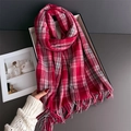 Classic red and white plaid tassel scarf in thick faux cashmere for winter warmth - 200cmX68cm (Including Tassels) / Red