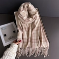 Detail of soft beige and pink plaid scarf with tassels in a premium gift box - 200cmX68cm (Including Tassels) / Light Beige