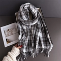 Macro detail of classic black and white plaid scarf fabric with soft fringe edges - 200cmX68cm (Including Tassels) / White