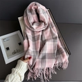 Pink and grey British plaid scarf with tassels, thick warm cashmere-feel pashmina for winter - 200cmX68cm (Including Tassels) / Light Pink