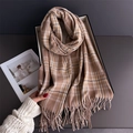 Detailed view of British plaid scarf with tassels in a minimalist white gift box - 200cmX68cm (Including Tassels) / Brown