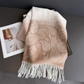 Detailed macro view of paisley pattern and tassel on a beige cashmere-feel scarf - Beige Brown (WT277-5)