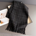 Detail of classic black plaid scarf with fringe edge and soft cashmere texture - 200cmX65cm (including tassels) / Black