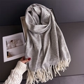 Luxurious camellia floral cashmere scarf with long tassels and thick jacquard knitting - White