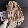 Beige camellia jacquard scarf with long tassels made of thick cashmere-like warm fabric - Khaki