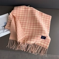 Close-up of pink and beige plaid scarf with fringe tassels and elegant brand label - 200x53cm / Pink