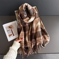 Classic autumn plaid tassel scarf in brown and caramel shades with soft cashmere-like texture - Brown