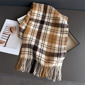 Detail of plaid scarf texture with soft fringe tassels in earth tones and warm cashmere feel - White Brown