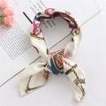 Chic beige square silk scarf with vintage baroque chain and crest print for women - Chain Tassel (FX-26)