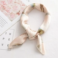 Champagne silk square scarf with colorful feather pattern and knotted detail for women - Feather Pink (FX-7)