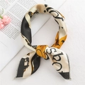 Elegant silk-textured square scarf with yellow and black geometric patterns on white fabric - Portrait Letter Yellow (FX-30)