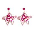 Luxurious pink star drop earrings featuring colorful crystals and golden hollow frames - Rose Red