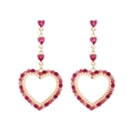 Elegant long heart drop earrings with pink and red crystals in golden settings - Rose Red