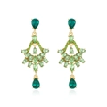 Elegant gold hollow flower earrings with green crystals and rhinestone drops on white background - Green