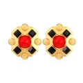 Orecchini vintage dorati con resina rossa e pietre nere quadrate stile retrò - Oro