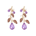 Golden branch earrings with purple pear-shaped gems and colorful rhinestone leaves - Purple