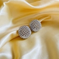 Silver geometric domed stud earrings with textured bead surface on golden silk fabric - Silver Large