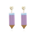 Creative purple pencil drop earrings with golden heart studs and sparkling crystal accent - Purple/Multi-color