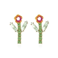 Elegant gold-tone flower earrings with vibrant green crystals and orange gradient petals - Green