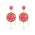 Orecchini retrò a fiore con cabochon rosa, smalto verde e pendenti in perle barocche - Colorato