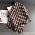 Macro detail of the soft texture and tassels of a vintage brown plaid scarf - 200cmx66cm / Dark Brown (WT274-4)
