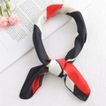 Elegant geometric silk scarf with red, black and beige pattern in tied display - Geometric Graffiti Red Black (FX-34)
