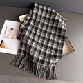 Close-up of black and beige plaid winter scarf with long tassel details on a display box - 200cmx66cm / Black (WT274-6)