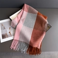 Detailed texture of plaid tassel scarf in pink and orange on a minimalist tray - Pink Coffee(WT276-5)