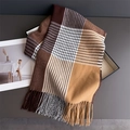 Close-up of thick plaid scarf featuring soft cashmere-like texture and fringed edges - Dark Brown(WT276-7)