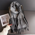 Detailed view of soft plaid cashmere scarf texture with hand-tied tassel fringe details - Black Grey(WT276-8)