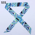 Detailed view of long twilly silk scarf with blue abstract patterns and pointed ends - Blue Green Art Streamline (PDS-31)