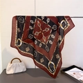 Classic equestrian silk scarf with red and black horse bit chain pattern on white fabric - Dark Brown / 68*68cm