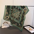 Carré en coton-lin vert forêt avec motifs équestres de chaînes vintage élégants - Vert / 68*68cm