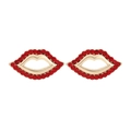Elegant gold-tone red lip stud earrings with sparkling rhinestones on white background - Red
