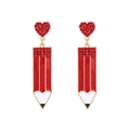 Auffällige rote Bleistift-Herzohrringe mit bunten Kristallen und Emaille-Finish - Rot