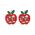 Pendientes de manzana roja con texto Teach Love Inspire y hojas de cristal verde - Rojo