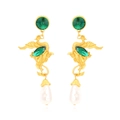 Vintage gold phoenix earrings with green crystals and baroque pearl drops for women - Green