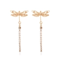 Elegant gold dragonfly earrings with long tassel rhinestones and hollow wing design - Gold
