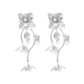 Silver long floral drop earrings with layered metal petals and elegant pearl accents - Silver