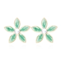 Floral gold-plated stud earrings with green enamel petals and center pearl detail - Green