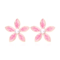 Floral stud earrings with pink enamel flower petals and central pearl on white background - Pink