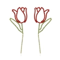 Elegant gold tulip earrings featuring red and green rhinestones in a long drop style - Red