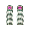 Luxury tassel earrings with large pink gemstone and emerald green crystal fringe - Green