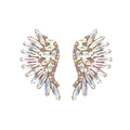 Detailed view of wing-shaped earrings with sparkling colorful rhinestones and gold base - AB Color
