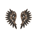 Detailed view of gold-tone angel wing earrings with shimmering black rhinestones - Black