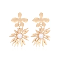 Golden double-layer flower earrings with pearl centers and matte finish on white background - Gold