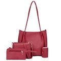 Dark red faux leather 4-piece handbag set including tote bag and crossbody bag - Red