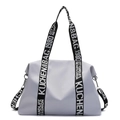 Waterproof lavender nylon tote bag with decorative lettered straps for travel use - Gray